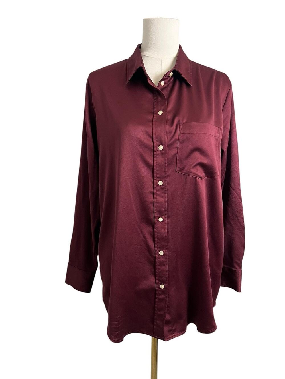 Gap Button Up Shirt Womens Medium Red Satin Long Sleeve Boyfriend Tunic Top